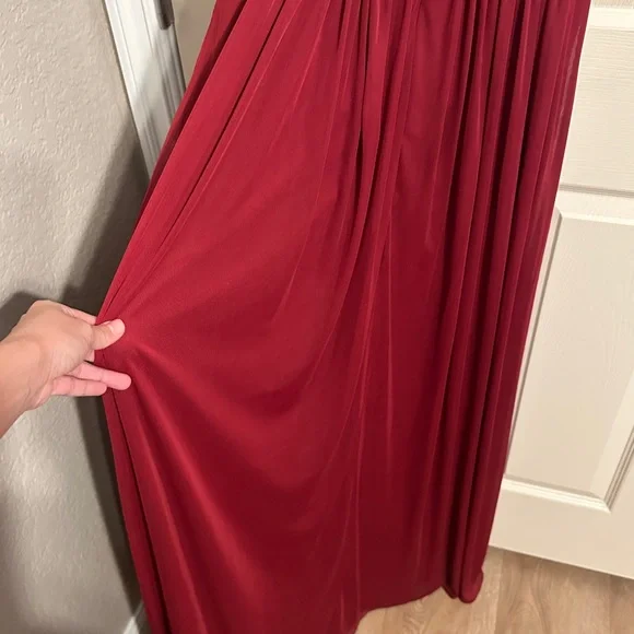 ALFRED SUNG D743 Ruched V-Neck Cold Shoulder Maxi Dress w Slit, Burgundy, Sz 2 - Picture 13 of 15